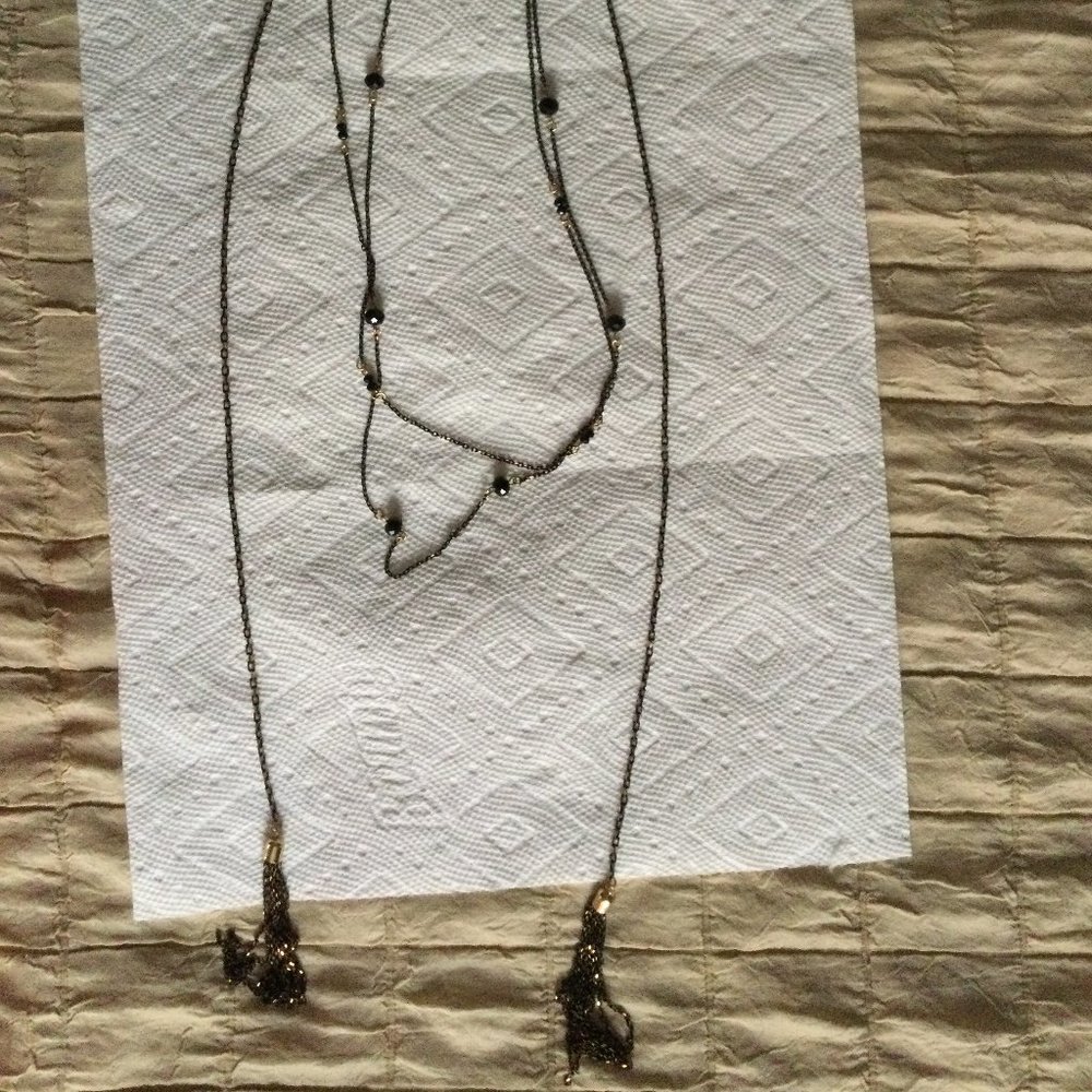 Women's necklace black and gold two-tones metal chain black beads 3 layers 27"